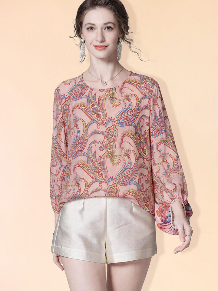 Pink Floral Paisley Printed Long Lattern Sleeve Round Neck Silk Blouse Chiffon Top