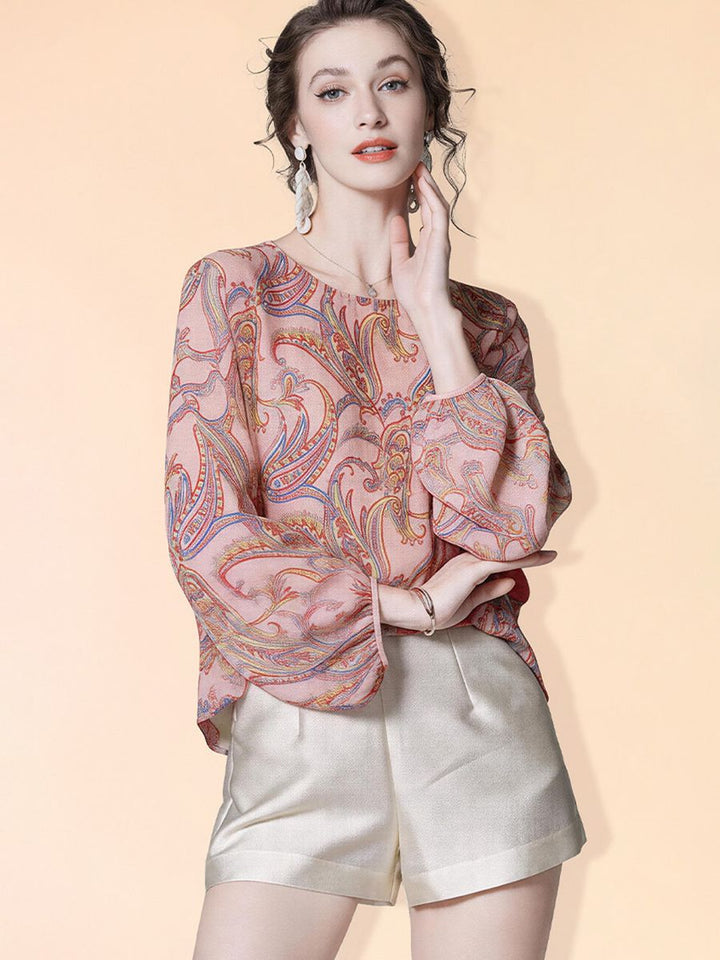 Pink Floral Paisley Printed Long Lattern Sleeve Round Neck Silk Blouse Chiffon Top