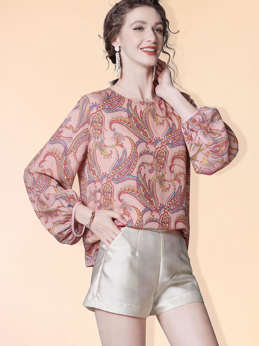 Pink Floral Paisley Printed Long Lattern Sleeve Round Neck Silk Blouse Chiffon Top