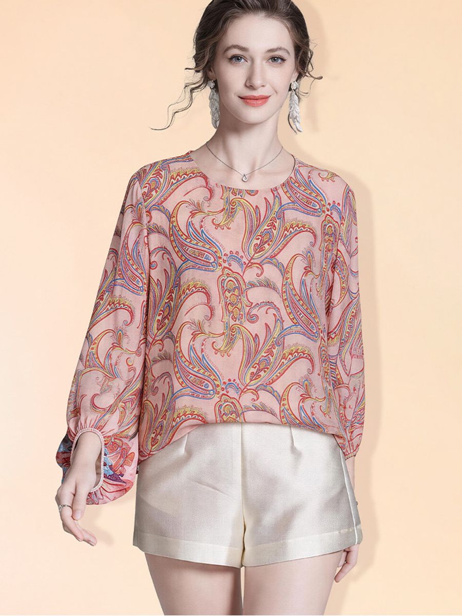 Pink Floral Paisley Printed Long Lattern Sleeve Round Neck Silk Blouse Chiffon Top