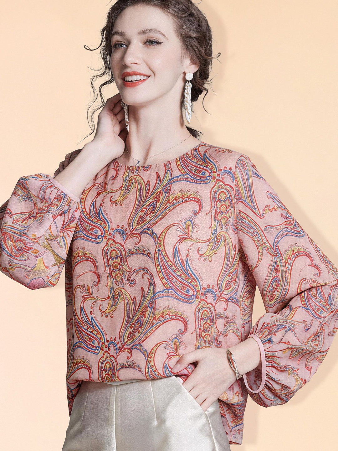 Pink Floral Paisley Printed Long Lattern Sleeve Round Neck Silk Blouse Chiffon Top