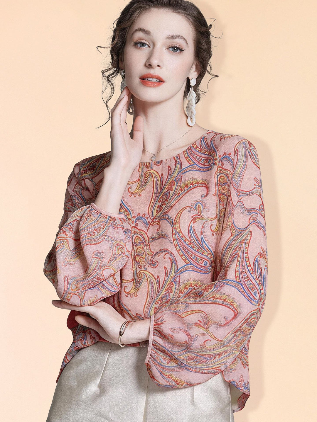 Pink Floral Paisley Printed Long Lattern Sleeve Round Neck Silk Blouse Chiffon Top