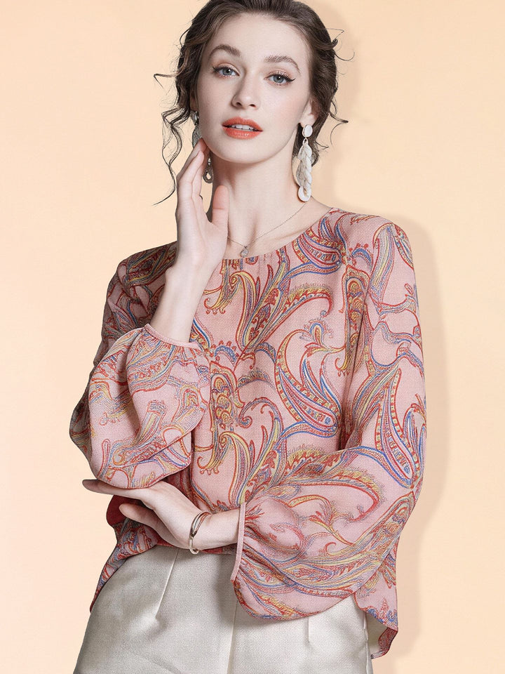 Pink Floral Paisley Printed Long Lattern Sleeve Round Neck Silk Blouse Chiffon Top
