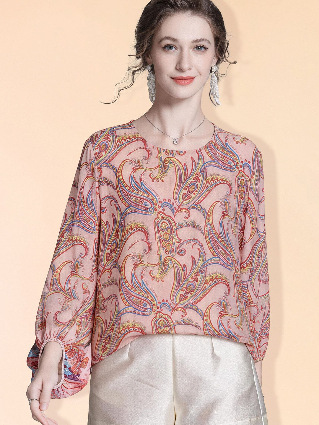 Pink Floral Paisley Printed Long Lattern Sleeve Round Neck Silk Blouse Chiffon Top