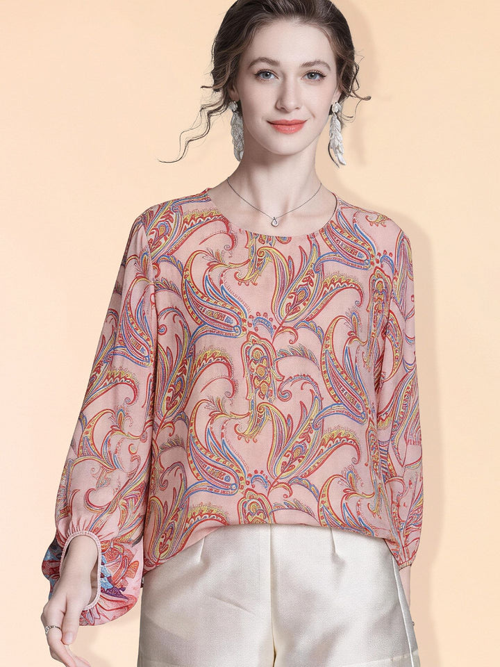 Pink Floral Paisley Printed Long Lattern Sleeve Round Neck Silk Blouse Chiffon Top