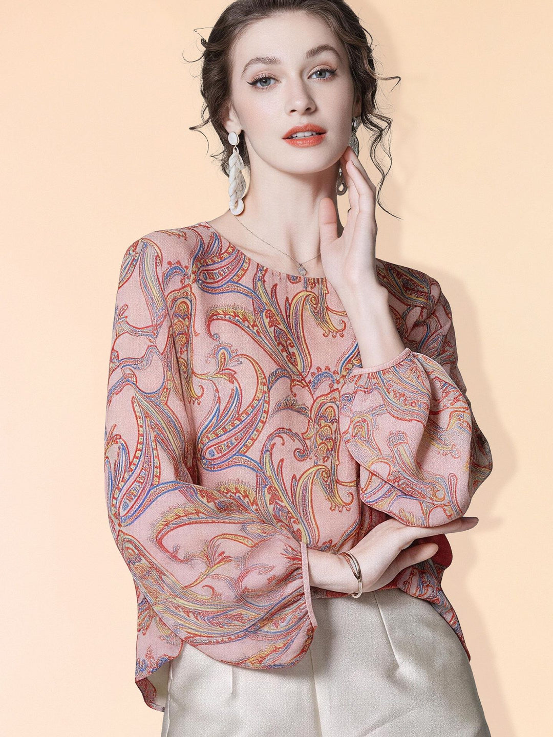 Pink Floral Paisley Printed Long Lattern Sleeve Round Neck Silk Blouse Chiffon Top