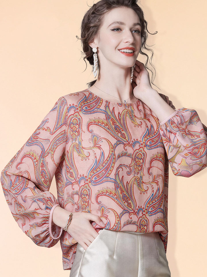 Pink Floral Paisley Printed Long Lattern Sleeve Round Neck Silk Blouse Chiffon Top