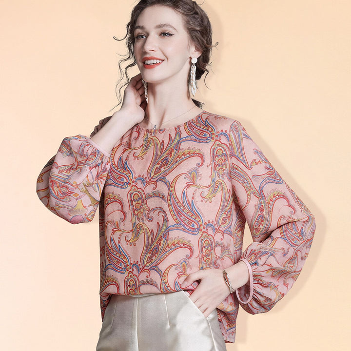 Pink Floral Paisley Printed Long Lattern Sleeve Round Neck Silk Blouse Chiffon Top