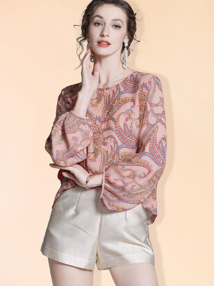 Pink Floral Paisley Printed Long Lattern Sleeve Round Neck Silk Blouse Chiffon Top