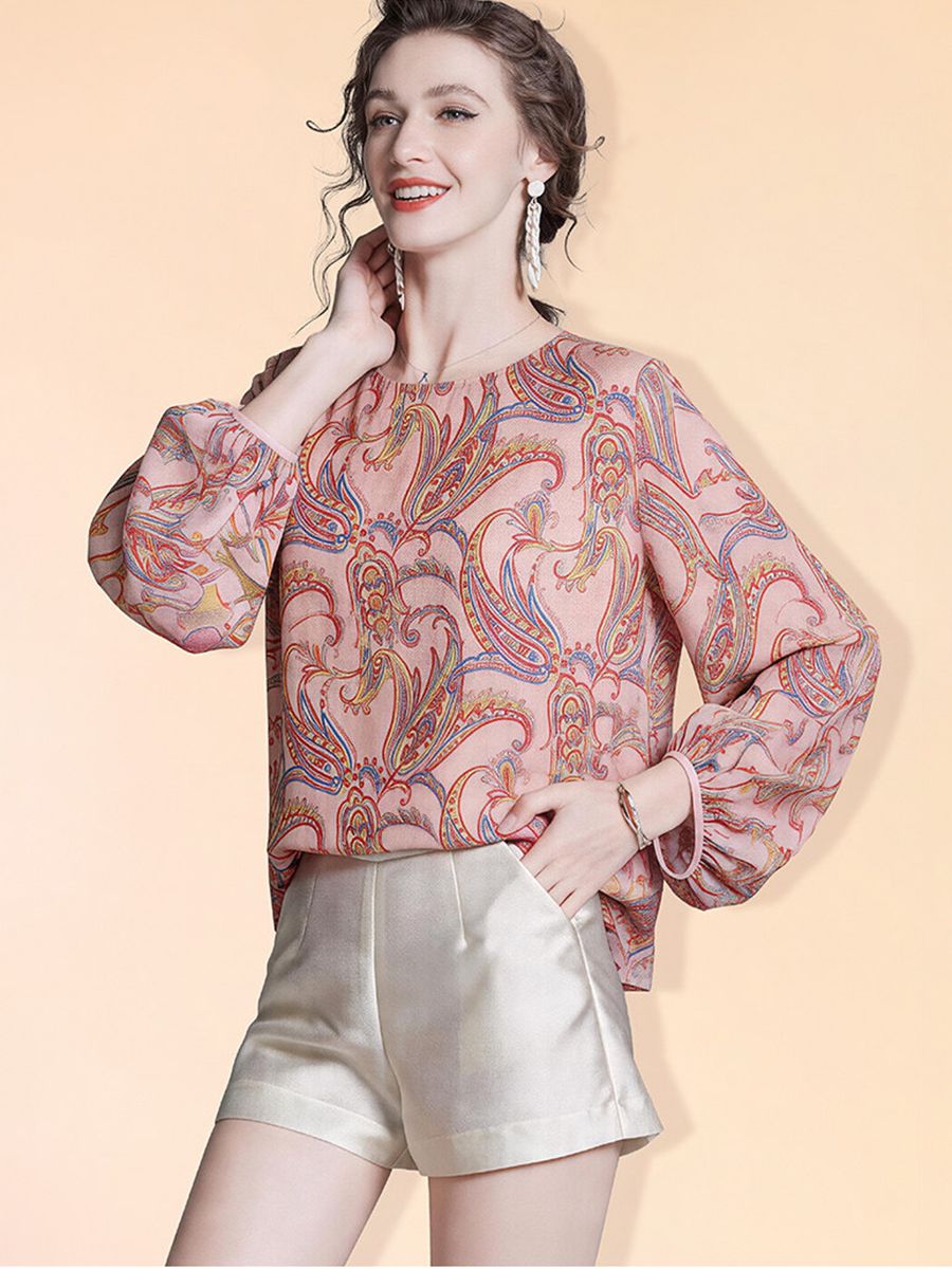 Pink Floral Paisley Printed Long Lattern Sleeve Round Neck Silk Blouse Chiffon Top