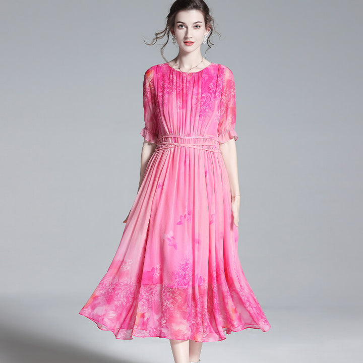 Pink Floral Pleated Short Sleeve Round Neck Silk Chiffon Summer Dress SD037