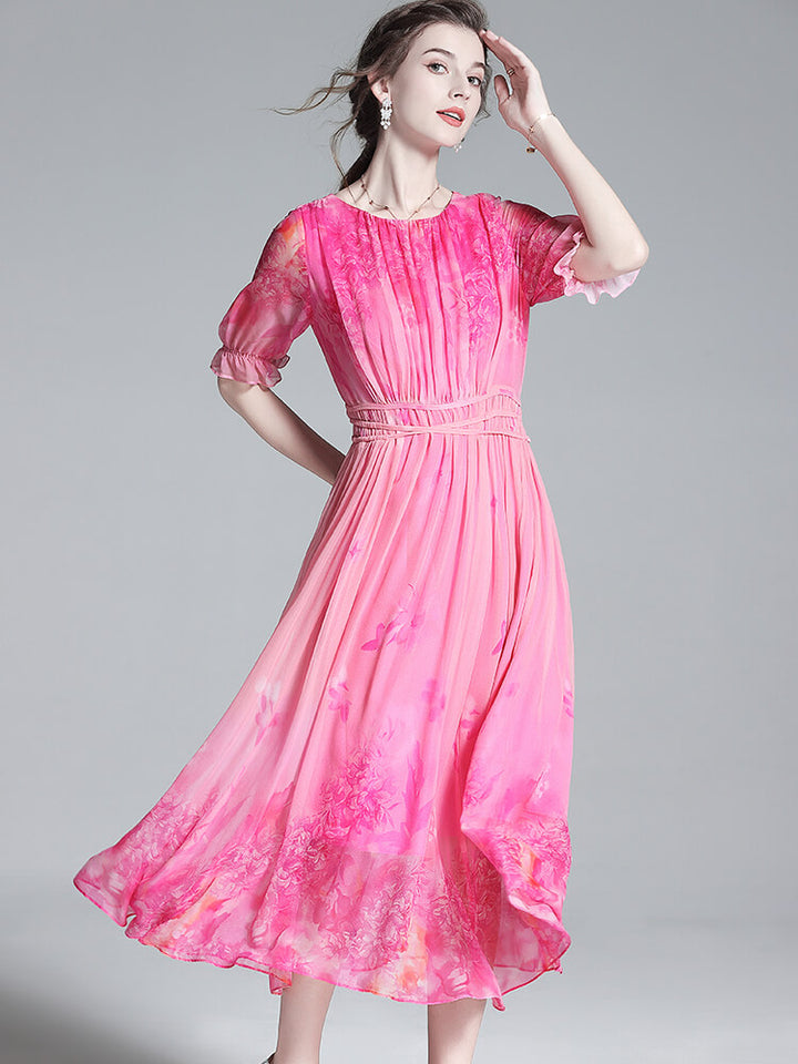 Pink Floral Pleated Short Sleeve Round Neck Silk Chiffon Summer Dress SD037