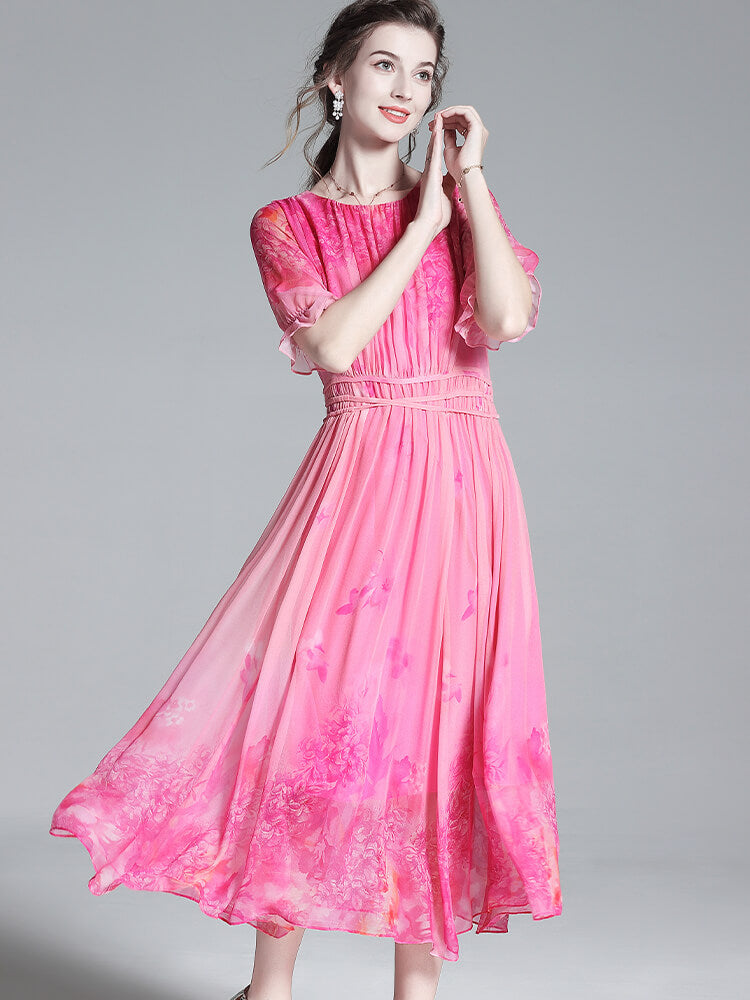 Pink Floral Pleated Short Sleeve Round Neck Silk Chiffon Summer Dress SD037