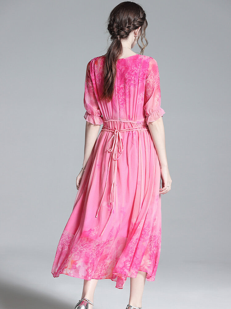 Pink Floral Pleated Short Sleeve Round Neck Silk Chiffon Summer Dress SD037