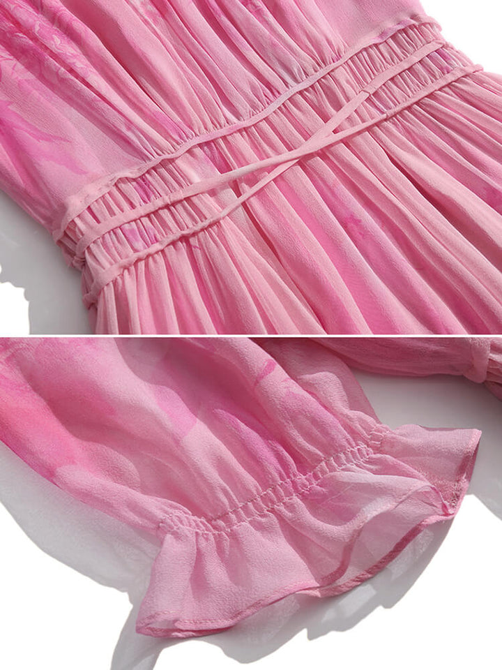 Pink Floral Pleated Short Sleeve Round Neck Silk Chiffon Summer Dress SD037