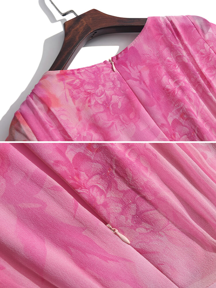 Pink Floral Pleated Short Sleeve Round Neck Silk Chiffon Summer Dress SD037