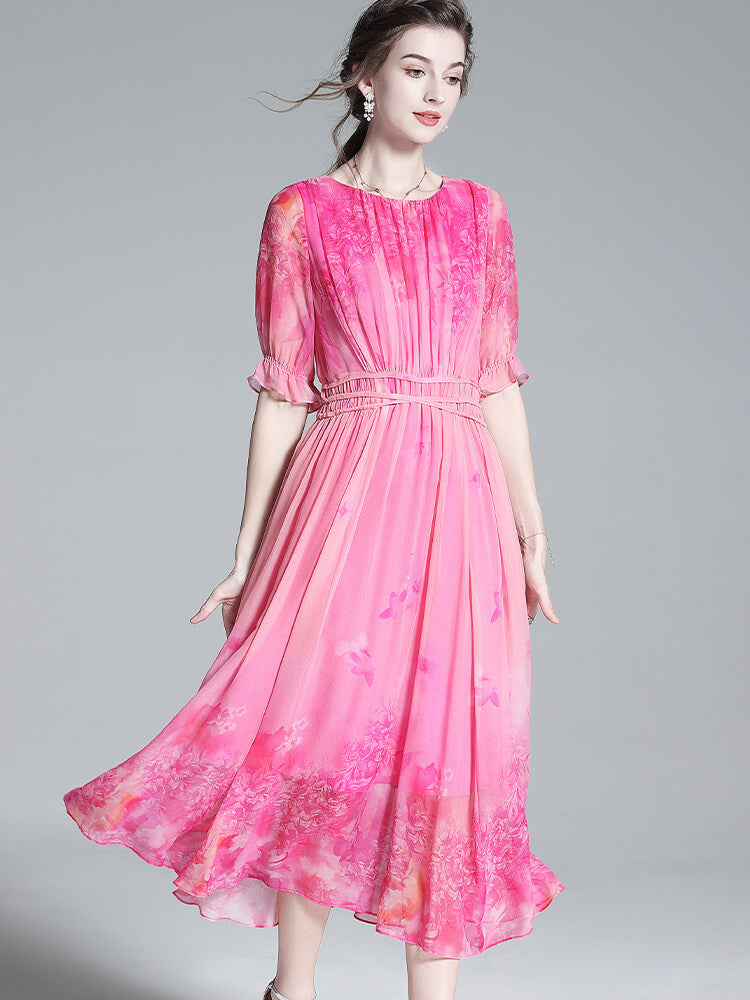 Pink Floral Pleated Short Sleeve Round Neck Silk Chiffon Summer Dress SD037