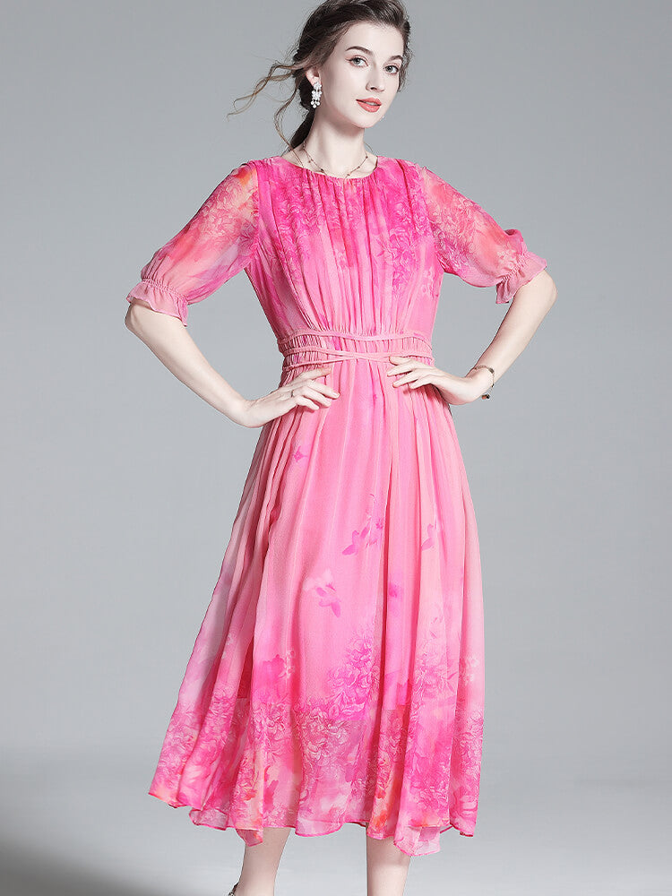 Pink Floral Pleated Short Sleeve Round Neck Silk Chiffon Summer Dress SD037