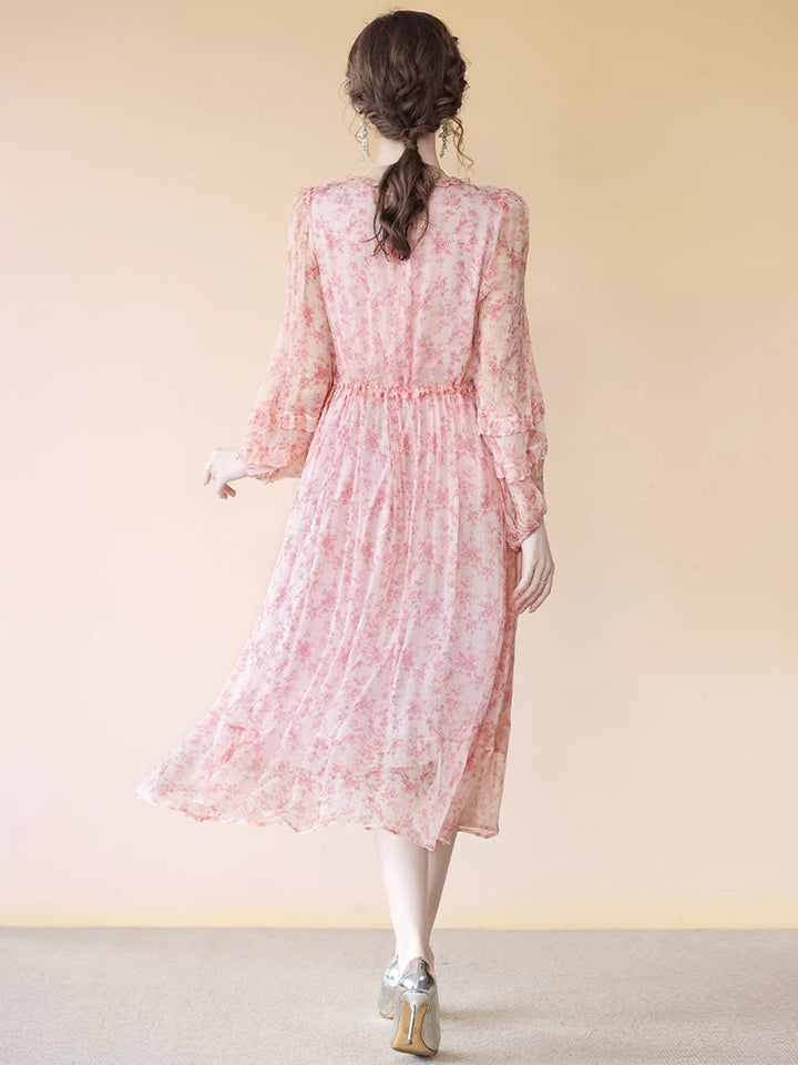 Pink V-neck Ruffle Trim Tie Waist Long Sleeve Midi Silk Dress SD087