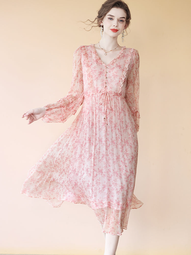 Pink V-neck Ruffle Trim Tie Waist Long Sleeve Midi Silk Dress SD087