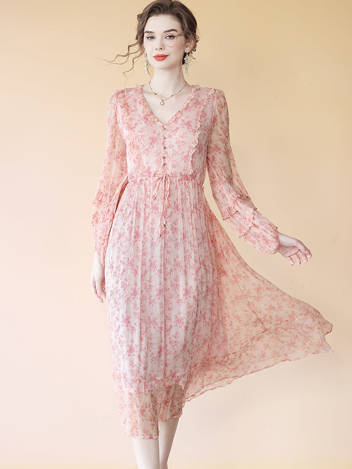 Pink V-neck Ruffle Trim Tie Waist Long Sleeve Midi Silk Dress SD087