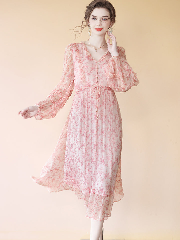 Pink V-neck Ruffle Trim Tie Waist Long Sleeve Midi Silk Dress SD087