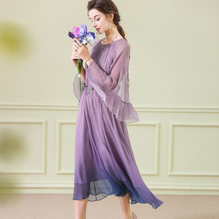 Purple Blue Ombre Pleated Long Silk Dress With Flounced Cuffs SD099