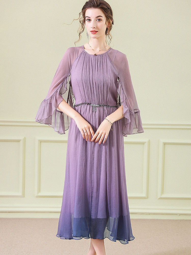 Purple Blue Ombre Pleated Long Silk Dress With Flounced Cuffs SD099