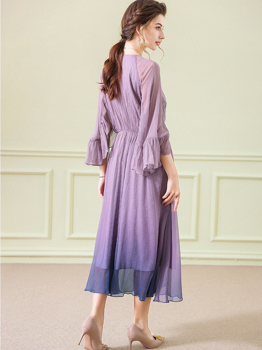 Purple Blue Ombre Pleated Long Silk Dress With Flounced Cuffs SD099