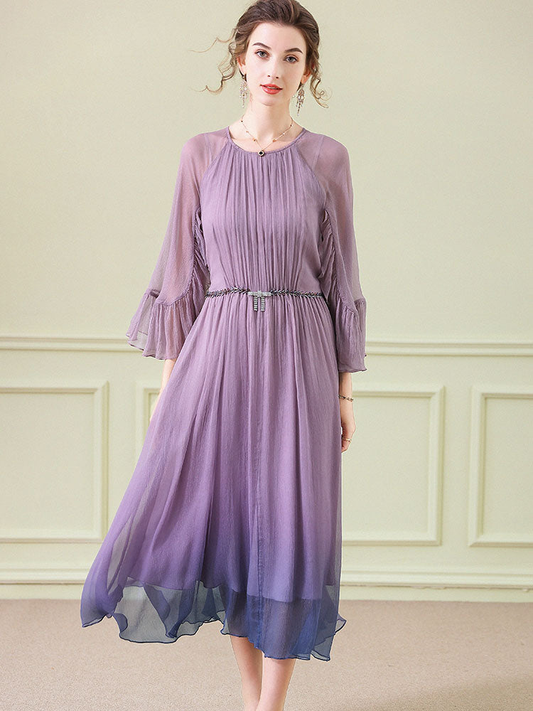 Purple Blue Ombre Pleated Long Silk Dress With Flounced Cuffs SD099