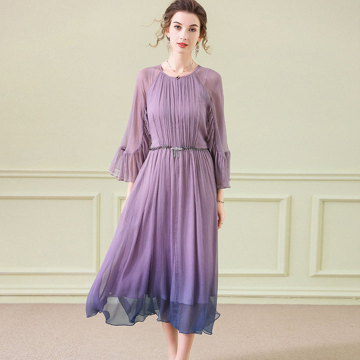 Purple Blue Ombre Pleated Long Silk Dress With Flounced Cuffs SD099