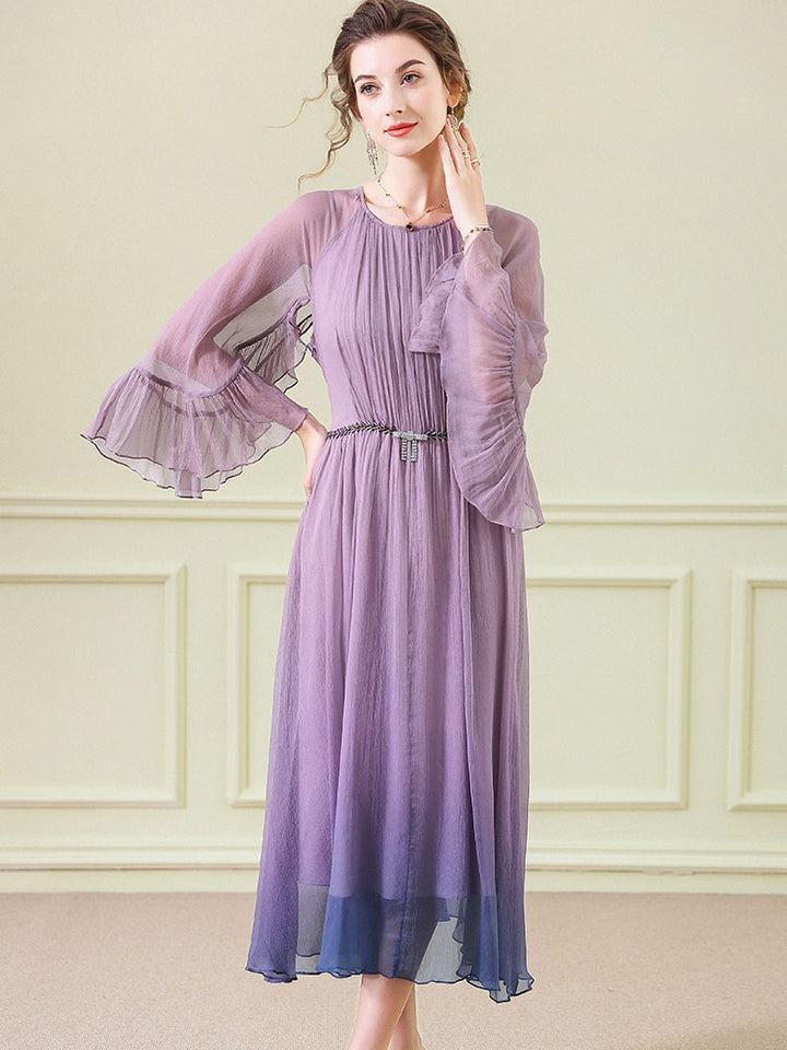 Purple Blue Ombre Pleated Long Silk Dress With Flounced Cuffs SD099