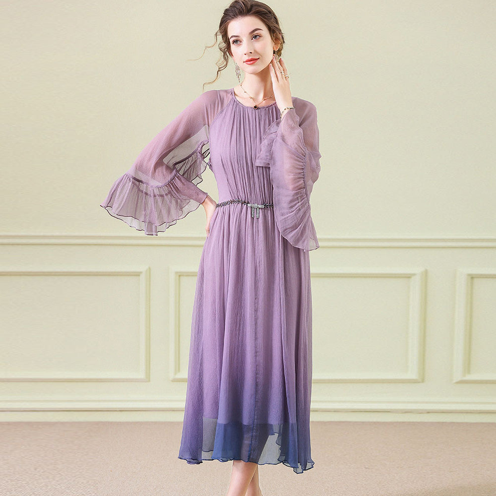 Purple Blue Ombre Pleated Long Silk Dress With Flounced Cuffs SD099