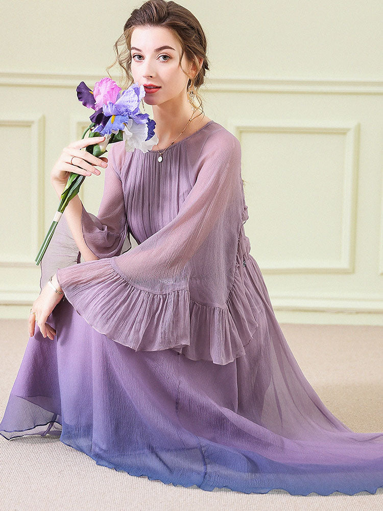 Purple Blue Ombre Pleated Long Silk Dress With Flounced Cuffs SD099