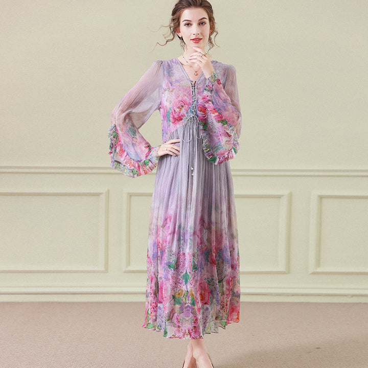 Purple Gray Floral Empire Wasit Long Silk Beach Dress SD097