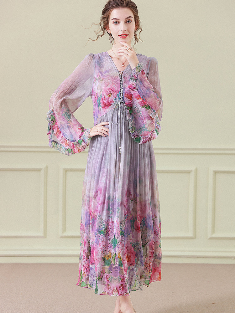 Purple Gray Floral Empire Wasit Long Silk Beach Dress SD097