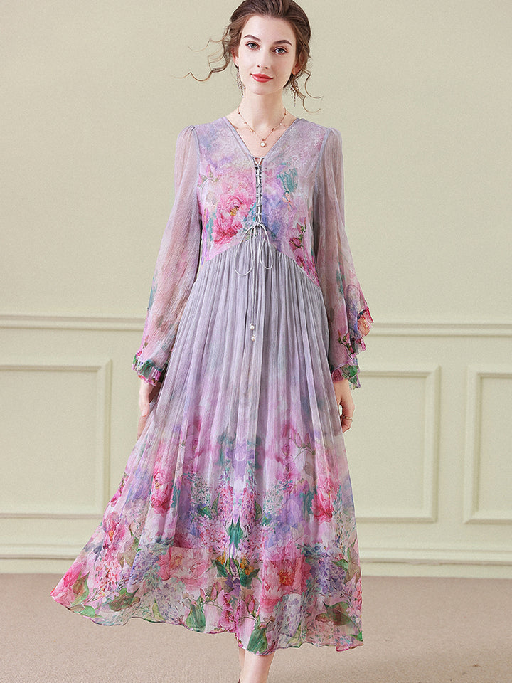 Purple Gray Floral Empire Wasit Long Silk Beach Dress SD097