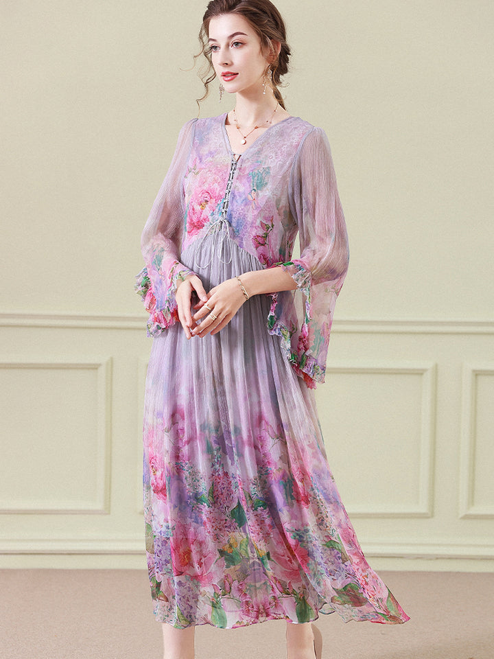 Purple Gray Floral Empire Wasit Long Silk Beach Dress SD097