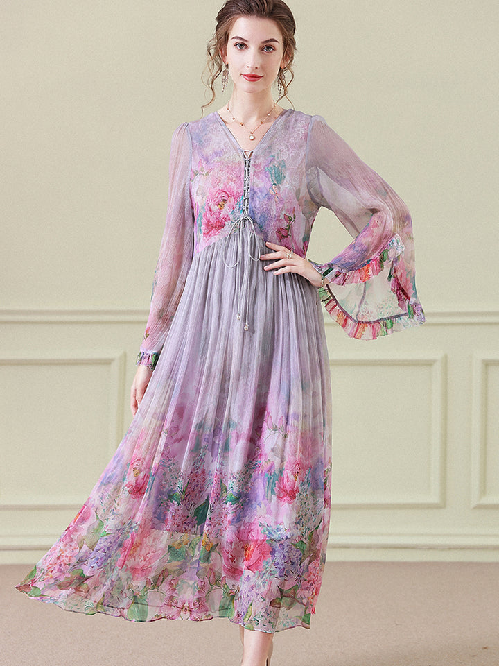 Purple Gray Floral Empire Wasit Long Silk Beach Dress SD097