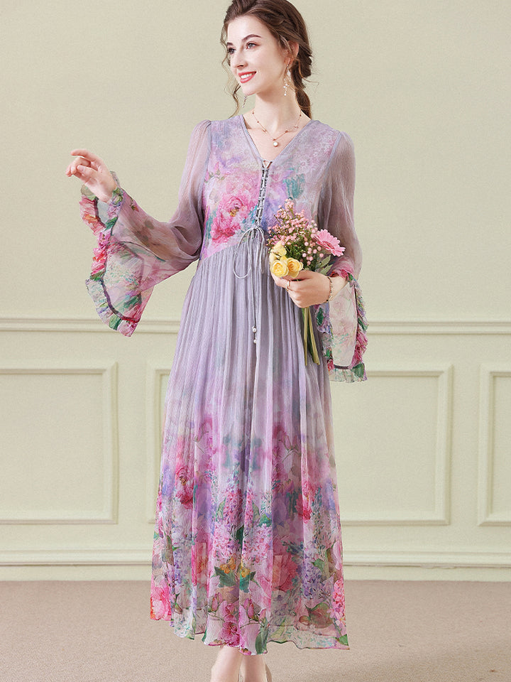 Purple Gray Floral Empire Wasit Long Silk Beach Dress SD097