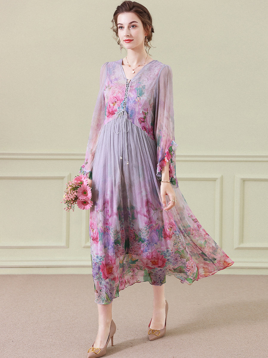 Purple Gray Floral Empire Wasit Long Silk Beach Dress SD097