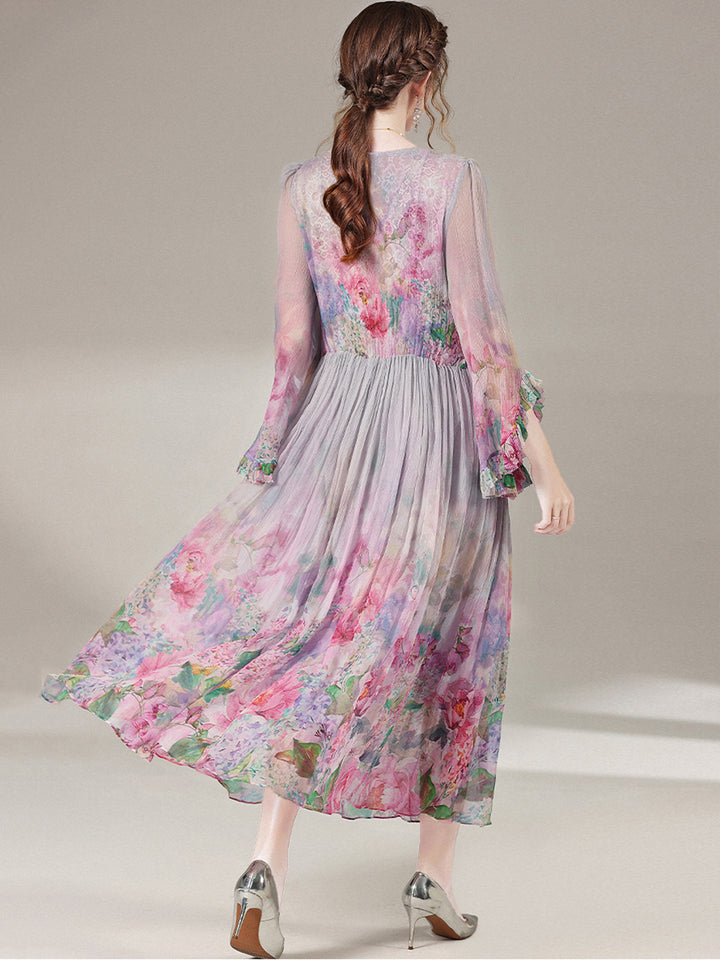 Purple Gray Floral Empire Wasit Long Silk Beach Dress SD097