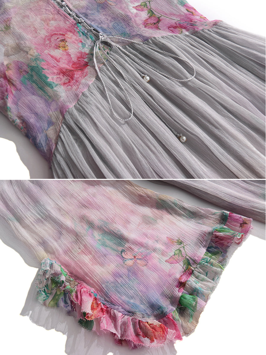 Purple Gray Floral Empire Wasit Long Silk Beach Dress SD097