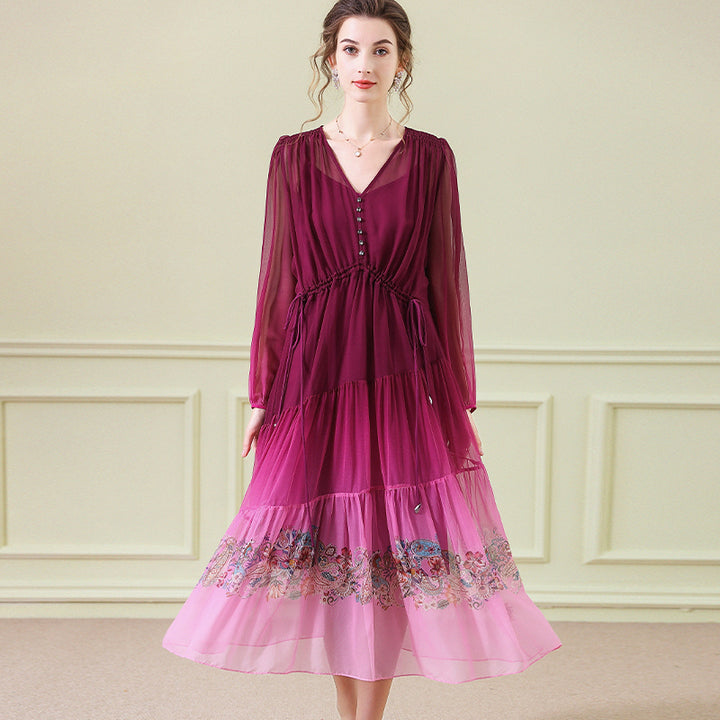 Purple Ombre Elegant Long Sleeve Floral Printed Mulberry Silk Dress SD067