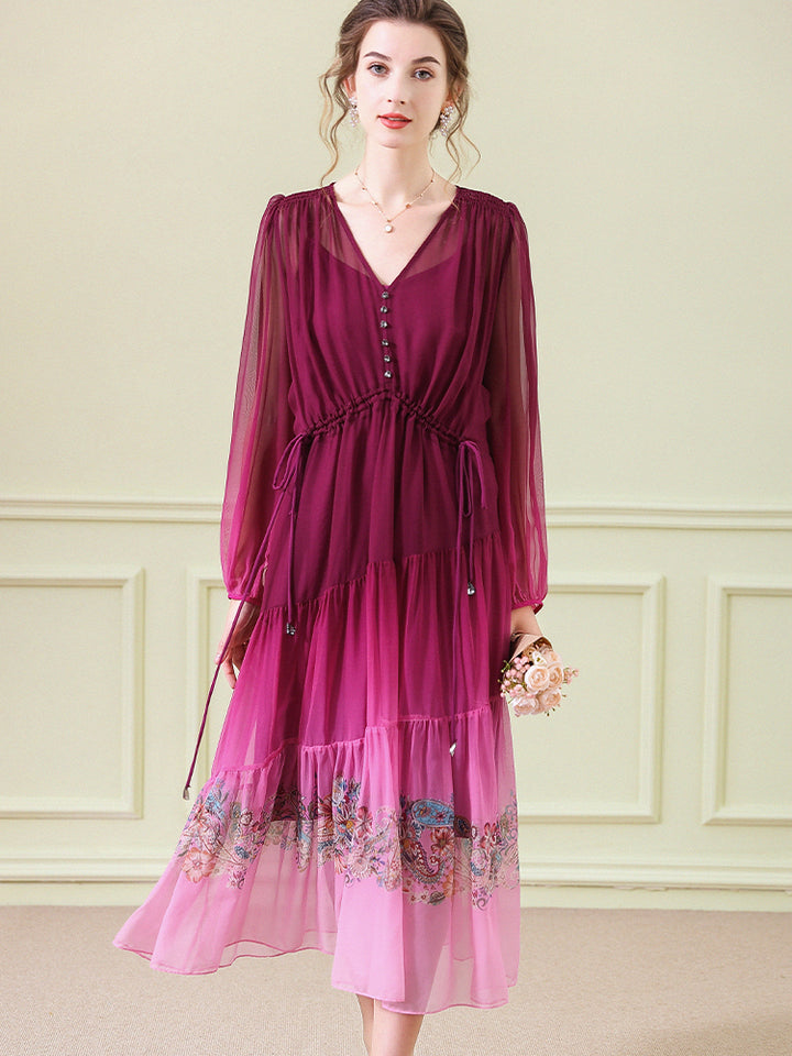 Purple Ombre Elegant Long Sleeve Floral Printed Mulberry Silk Dress SD067