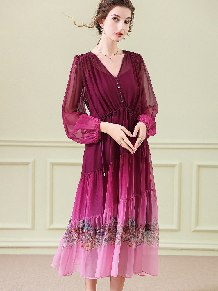 Purple Ombre Elegant Long Sleeve Floral Printed Mulberry Silk Dress SD067