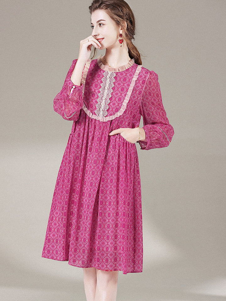 Purple Printed Women Long Sleeve Knee Length Mulberry Silk Dress SD063