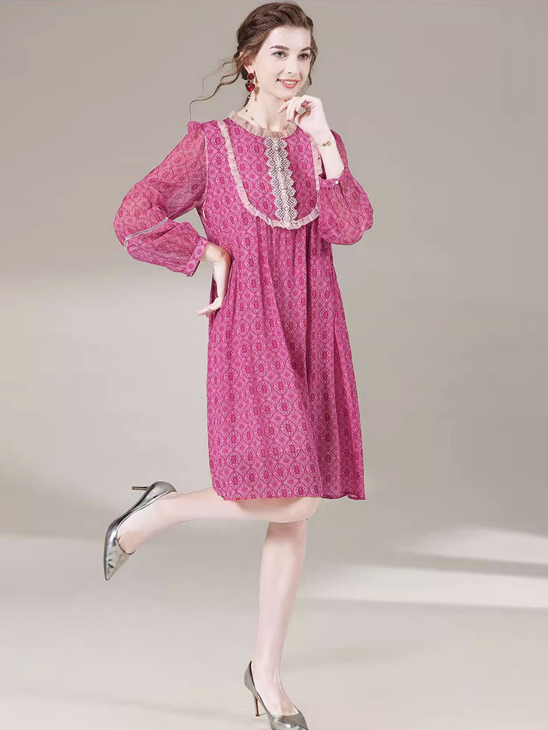 Purple Printed Women Long Sleeve Knee Length Mulberry Silk Dress SD063