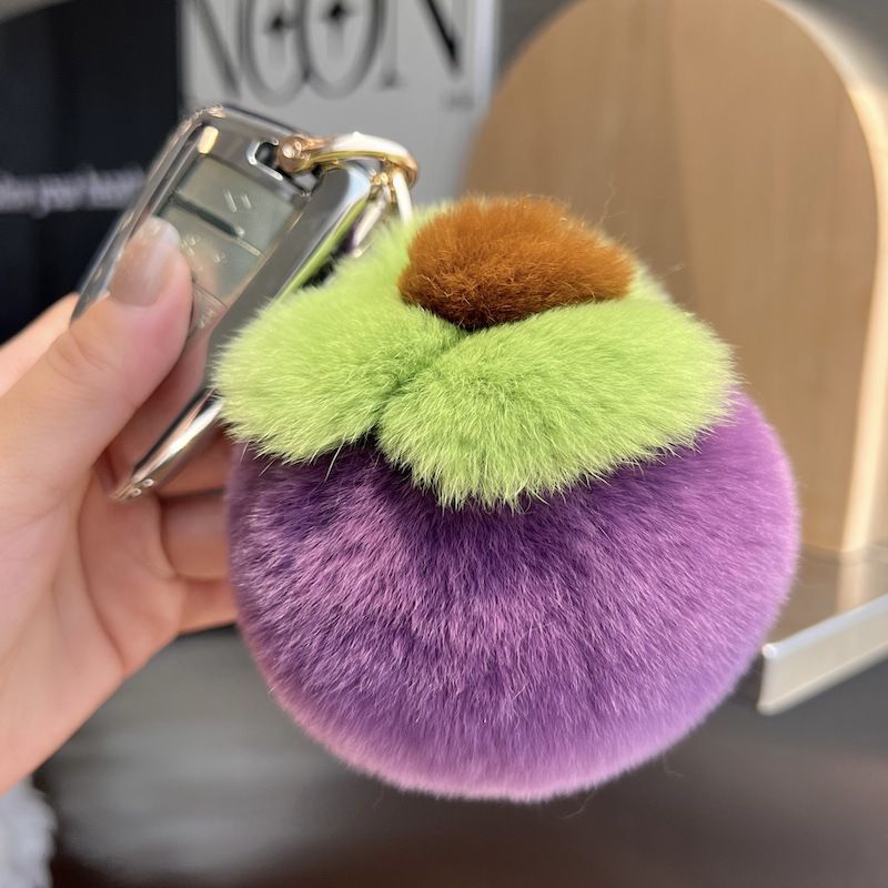 Purple Rex Rabbit Fur Mangosteen Keychain Fruit-shaped Plush Fur Bag Charm