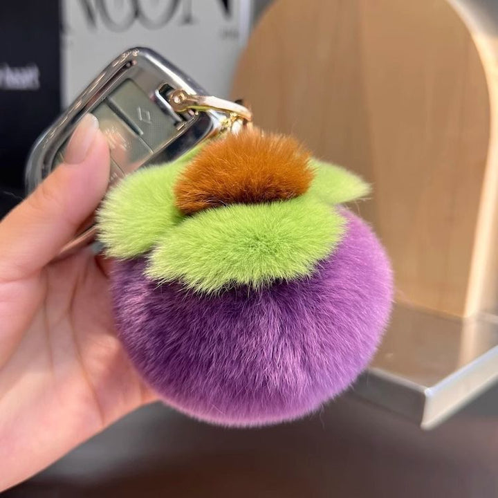 Purple Rex Rabbit Fur Mangosteen Keychain Fruit-shaped Plush Fur Bag Charm